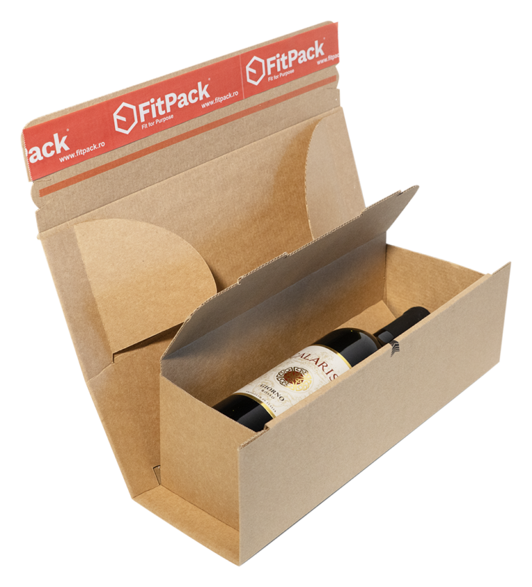 Cutie Carton Pentru 1 Sticlă Vin WineBox, 75x75x305mm, Autoadeziv, Bandă Desigilare, Natur